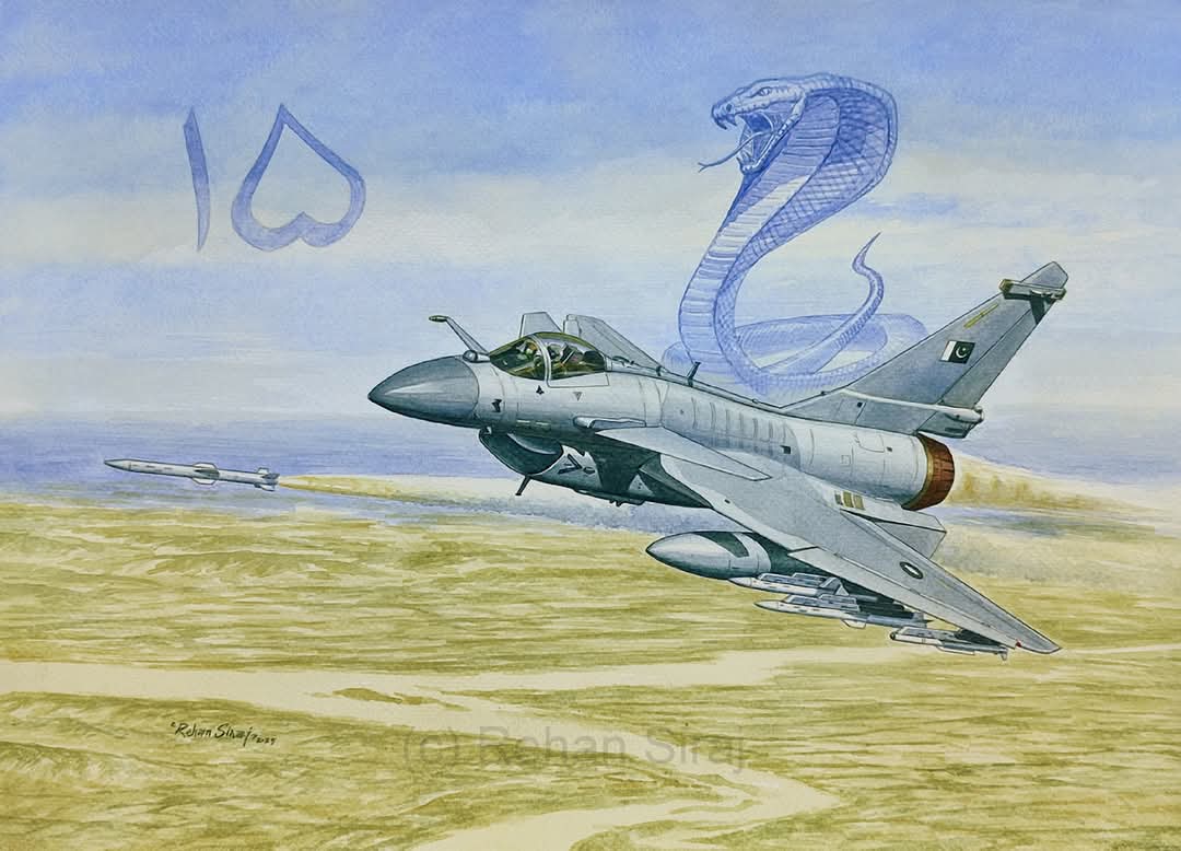 RehanSiraj1's tweet image. New painting depicts a J-10CE of PAF No. 15 Squadron "Cobras" firing its lethal PL-15E BVR missile.
Note the Rafale kill marking recently applied on the aircraft. A total of 6 IAF aircraft shot down by the Sqn on 7th May 2025.
Serial no. will be painted once its cleared by PAF