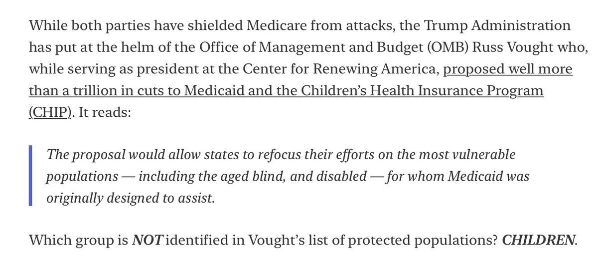 BruceLesley's tweet photo. This Op-Ed by @TheFGA’s @nstehle is both sad and disturbing. 

Medicaid is NOT a zero sum game where some people have to lose health insurance and have their healthcare and lives threatened to ensure others get it.

Nick is undoubtedly aware that children often fare poorly in such political picking and choosing of who is worthy or not. But just in case he is not, in 2017, the Senate voted to disproportionately slash child health by 31% versus just 1.9% for senior citizens in Medicaid.

@JohnCornyn may remember John McCain voting NO and saving children from that disastrous consequence by a single vote.

Also in 2017, the @HouseGOP decided Medicaid needed to prioritize certain populations over others. Left off their priority list: CHILDREN.

The current @WHOMB Director @russvought has also called for rationing and prioritizing certain groups over others in Medicaid. In a budget document he put together at the Center for Renewing America, the group that was left off his priority list: CHILDREN.

Speaking of the federal budget process, senior citizens get 6-7 times the funding that children receive in the budget. So in a zero sum game world, Nick’s belief that children would be prioritized is terribly misplaced and mistaken. 

In fact, the Children’s Health Insurance Program (CHIP) is the ONLY federal health insurance program that is block granted, set to expire, and with which Congress forces child advocates to beg for its extension every few years. Lawmakers would never do that to Medicare or their own health insurance. Just the health care of children is subjected to that process.

So Nick, your call for the rationing health care for some arbitrary definition of “deservingness” is deeply troublesome and, in such a political zero sum game, is a losing proposition for children everywhere.

Your son’s problem isn’t that a mother might get life-saving health care for cancer treatment. It is that Gov. @SarahHuckabee and the Arkansas Legislature have chosen not to fund this important Medicaid option for kids.
