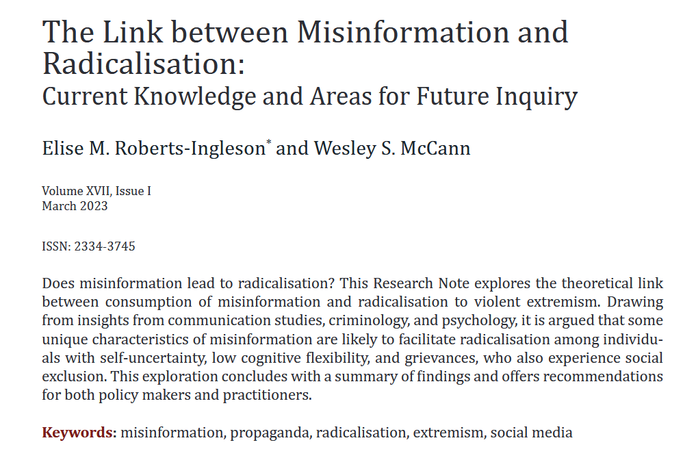 docrussjackson's tweet image. “Individuals with self-uncertainty, low cognitive flexibility (e.g. rigid, or black-and-white thinking), grievances—real or perceived—and those who experience social exclusion may be more susceptible to extremist beliefs and #radicalisation via misinformation than others.”