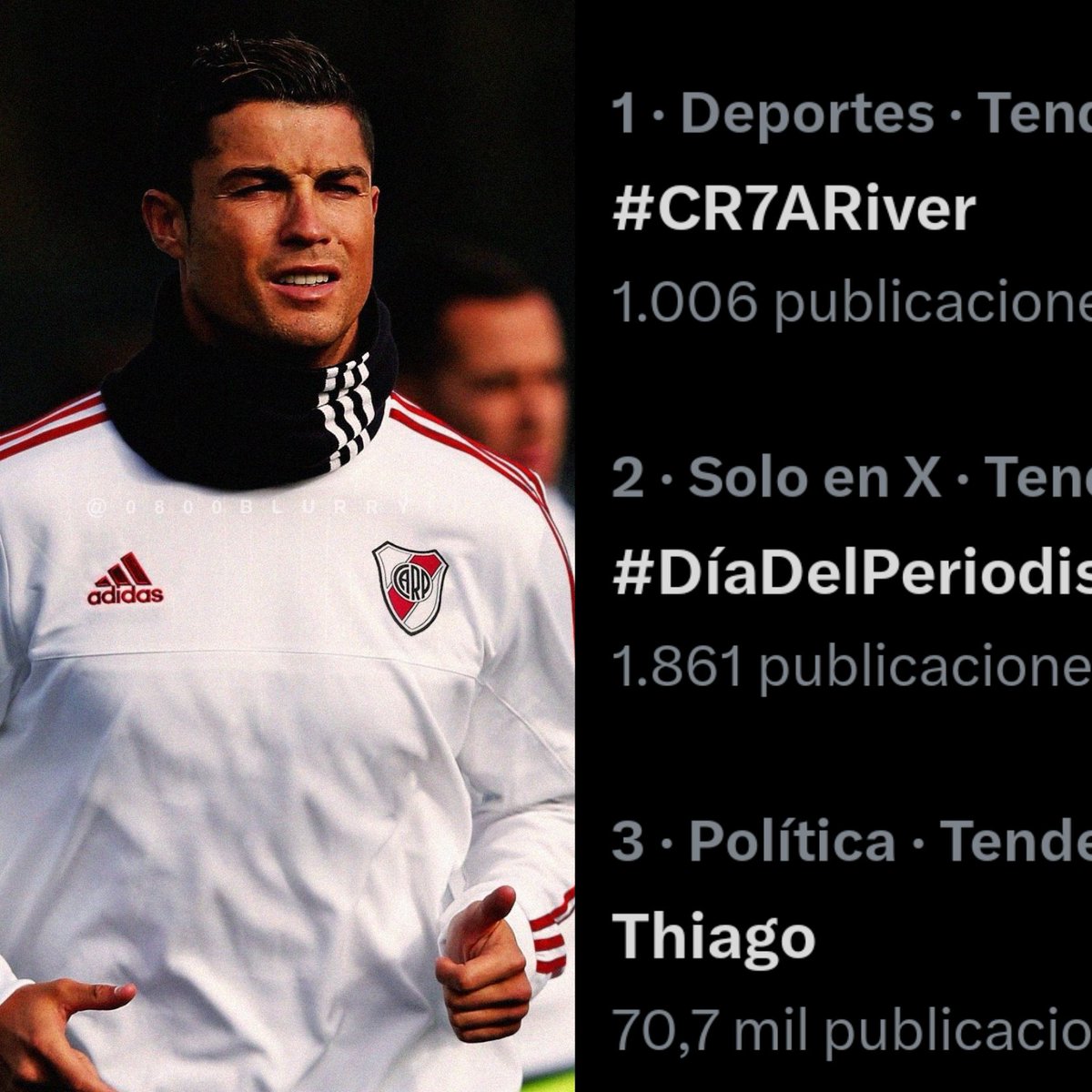 StatsMillo's tweet photo. ‼️ #CR7ARiver es tendencia N°1 a nivel nacional 🇦🇷

➡️  Tras los dichos de Cristiano Ronaldo 🇵🇹 los hinchas de River comandados por @frabigol hicieron el # Trending Topic en 30 minutos

*️⃣ Se estableció un Record para la Comunidad https://t.co/CxWN0uBJlF