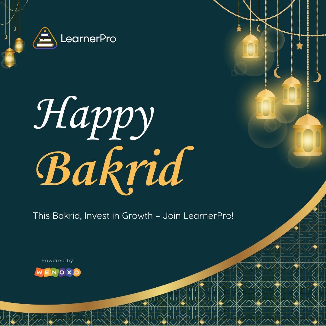 learnerPro2023's tweet photo. Wishing you a joyful and prosperous Bakrid! 🌙
This festive season, invest in growth with LearnerPro — where learning never stops! 📚✨
#happybakrid #eidaladha #learnerpro #investingrowth #festivalofsacrifice #celebrationwithpurpose #learnandgrow #festivelearning #eidvibes https://t.co/iEox9sjavq