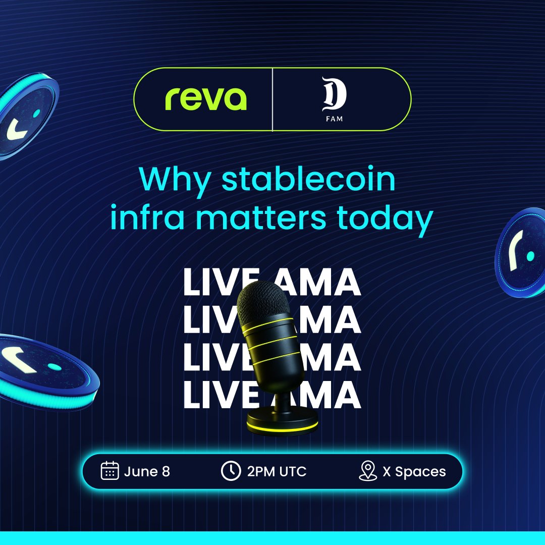 🟩 Reva x DFAM AMA 🟩

Programmable money is no longer a concept, 
it’s shipping

Join us and <a href="/DFAM_Alpha/">DFAM</a> for a live AMA on
→ Why stablecoin infra matters right now 
→ How Pay(ID) unlocks cross-app, agentic payments

📅 June 8 
🕑 2PM UTC 

x.com/i/spaces/1yoKM…