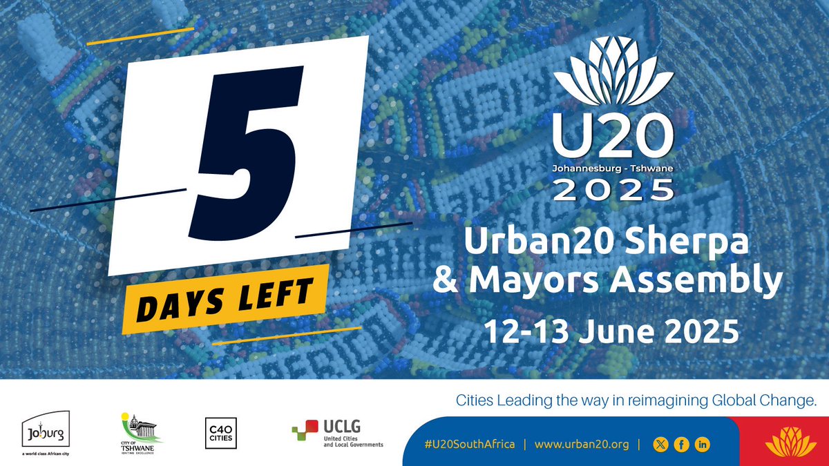 CityTshwane's tweet photo. 5 days to go! Tshwane & Johannesburg lead as U20 2025 co-chairs, inspiring and innovating. Stay updated: https://t.co/He9emGTmiA
#U20SouthAfrica #U20Sherpa #AfricanMayorSummit https://t.co/bwPkHkMnNq