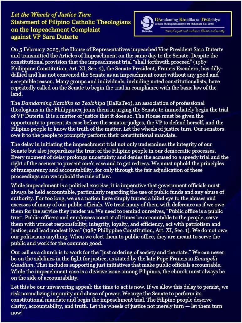 Statement from Filipino Theologians on Sara Duterte’s impeachment: