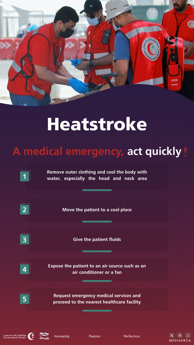 Guests of Allah, your safety is our top priority...

Here are the correct steps to manage heatstroke cases

May Allah accept our good deeds.
