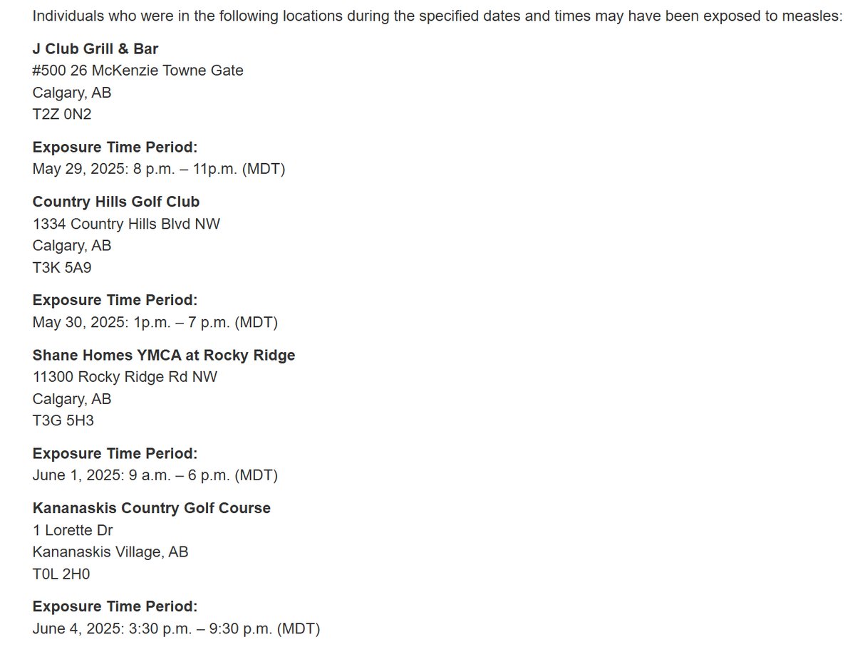 Alberta Health Services has been notified of a person with confirmed measles in the Calgary Zone who have been in a public setting while infectious. Additional locations may be released if necessary. Learn more: albertahealthservices.ca/news/Page19087…