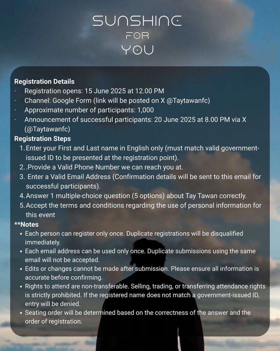 taytawanfc's tweet photo. 📌 รายละเอียด 
การลงทะเบียนวันที่ 15 มิ.ย. 68 12.00 น.

📌 Registration Details
15 June 2025 at 12.00 PM

#Taytawan34thBirthday
#Tawan_V https://t.co/EjNGtG0Mvv