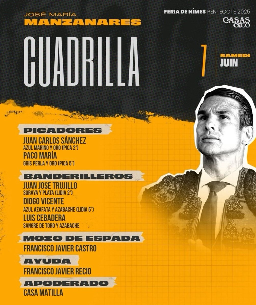 Cuadrilla • Hombres de plata que harán el paseíllo esta tarde junto a #JMMANZANARES en Nimes (Francia) <a href="/ArenesNimes_SCP/">Arènes de Nîmes - Casas&Co</a> • 07 de Junio • Toros de Hermanos García Jiménez <a href="/TorosGJimenez/">GarciaJimenez</a> <a href="/garciajimenezt/">Garcia Jimenez Toros</a> • CASTELLA, MANZANARES, LALO de MARÍA.