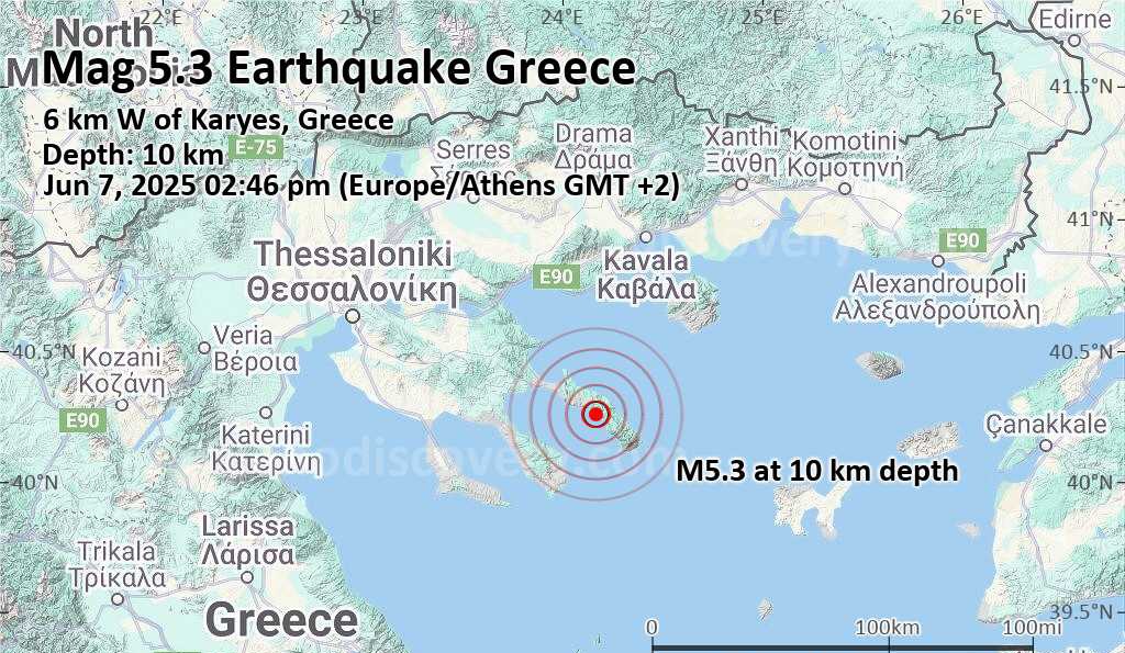 sismoastronomy's tweet photo. Strong mag. 5.3 Earthquake - Aegean Sea, 64 km southwest of Thassos Island, Greece, on Saturday, Jun 7, 2025, at 03:46 pm (Athens time) - 1 hour 40 minutes ago
#Earthquake #earthquakes #σεισμός #deprem #terremoto #Emsc #lastquake #afad #sismoAstronomy #kandilli #Anss #Usgs https://t.co/0uFpmqTJ3n