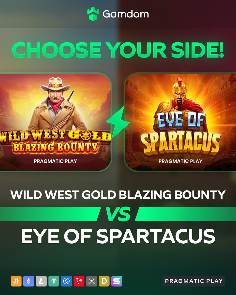 gamdom's tweet image. 🎰 Battle of the Slots: Pragmatic Play! 🎰

Who you got? 🤔

#Team 🤠 Wild West Gold Blazing Bounty🆚 #Team 🛡️ Eye of Spartacus

Drop your userID below with your reply &amp;amp; 🔁 for a shot at FREE spins! 🎁