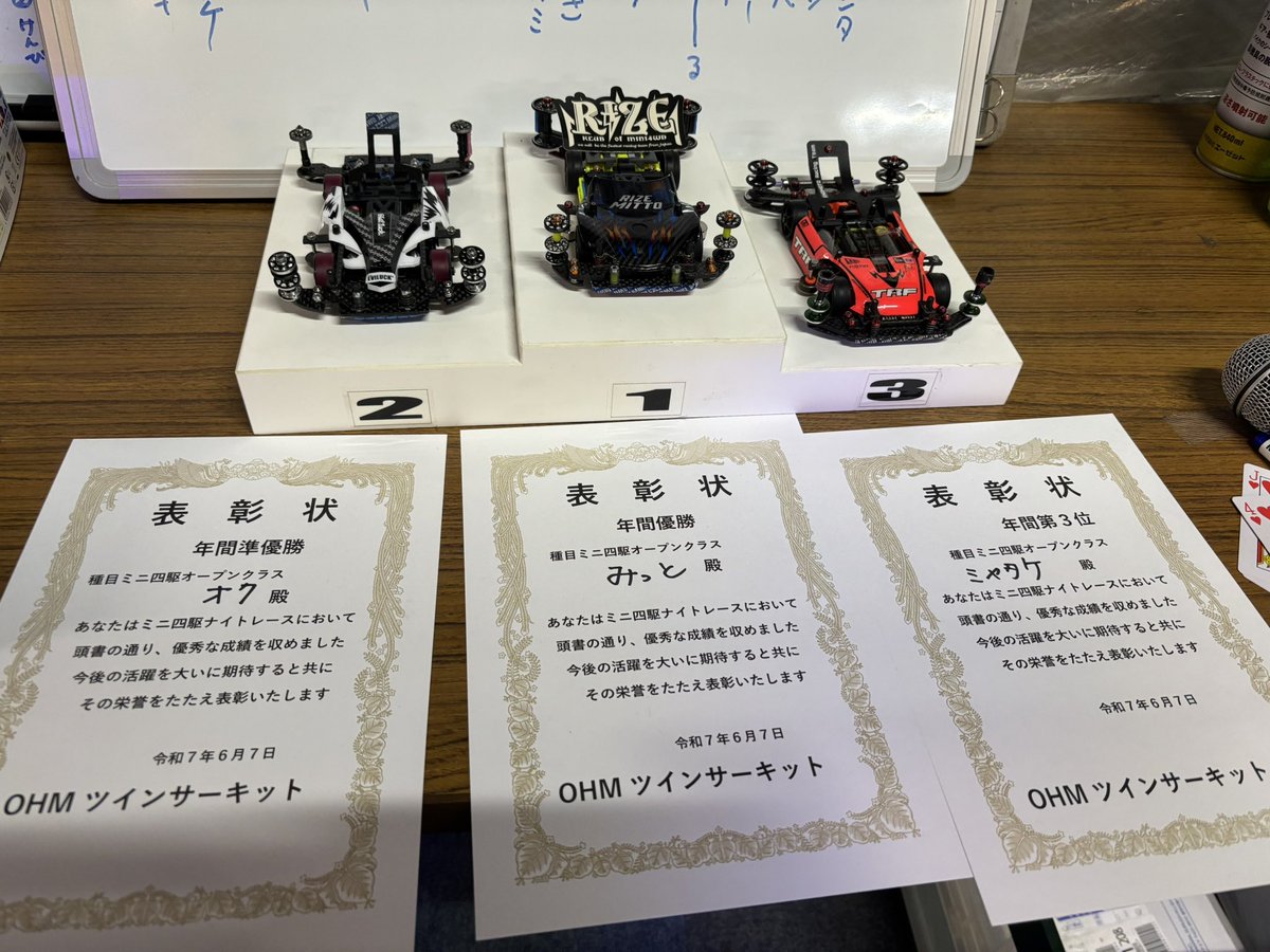 MITTO_STRC's tweet image. 今日はツインナイトレース🚗
オープン年チャン優勝🏆専務年チャン準々決勝敗退😢ステチャレ３位🥉専務予選敗退😱
やっと初タイトル取れましたー😆参加されたみなさま、店長、サッサさんありがとうございました🙇‍♀️
＃オームツインサーキット
＃ミニ四駆