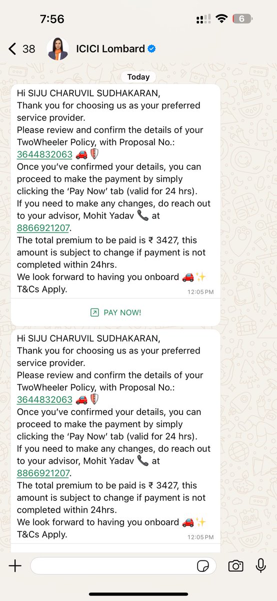 sijusudhakaran's tweet photo. @ICICILombard Bravo! 👏 Got my car insurance policy on WhatsApp on 31st May… and today, the same number sends me a fresh quote to renew it. 🚗🔁 Love the suspense — am I insured or just cruising on vibes? 😂 https://t.co/OM2s2XjDk4