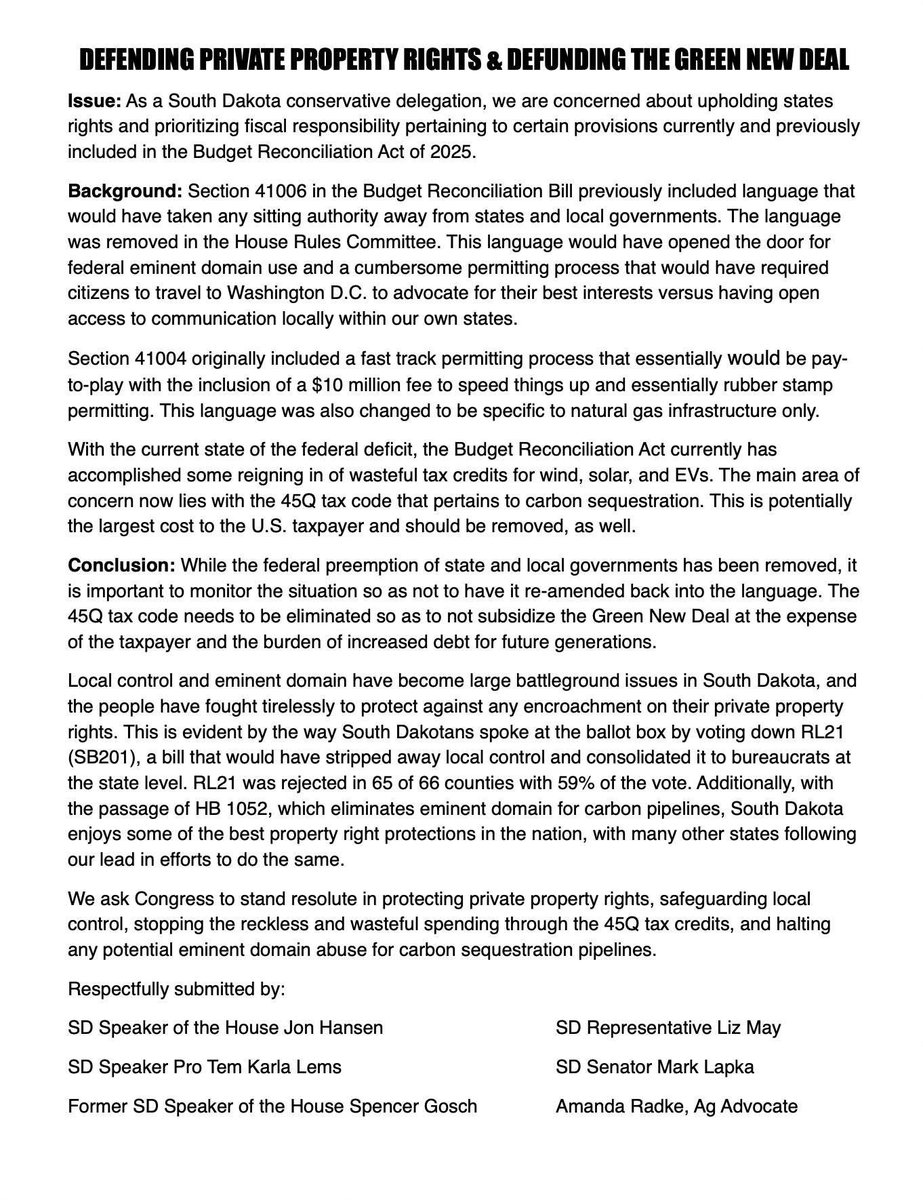 South Dakota will lead the way in defending your private property rights and fighting to fully defund the Green New Deal and put an end to the taxpayer-funded climate change hysteria that has plagued American agriculture for far too long.

As our coalition of conservative South