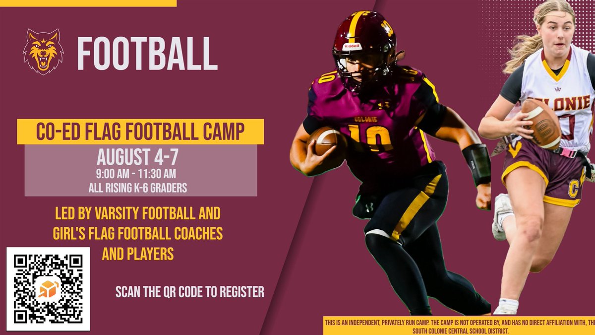 🚨First Annual Co-Ed Flag Football Camp🚨
my.cheddarup.com/c/colonie-foot…