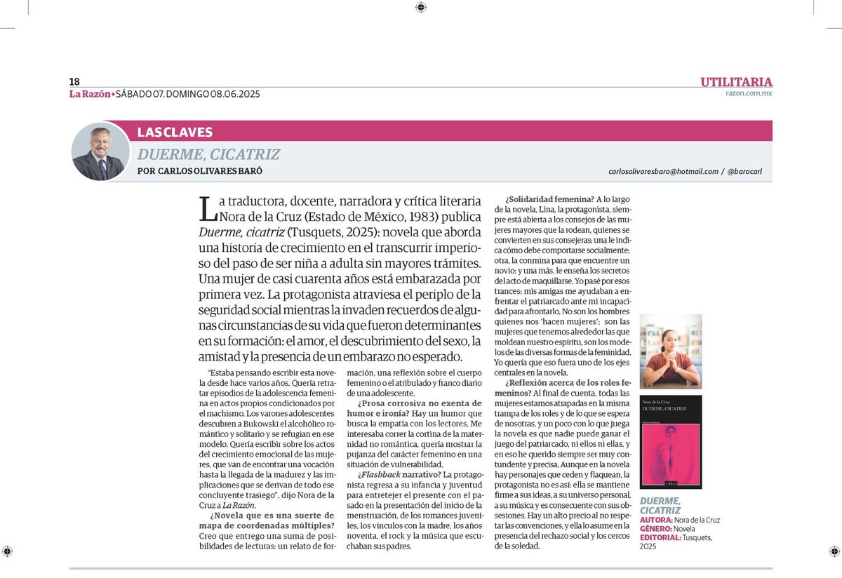 Carlos Olivares Baró (@barocarl) on Twitter photo Columna LAS CLAVES de <a href="/barocarl/">Carlos Olivares Baró</a> en <a href="/LaRazon_mx/">La Razón de México</a> <a href="/TusquetsMexico/">Tusquets Editores México</a> <a href="/OdetteAlonso/">Odette Alonso</a> <a href="/PlanetaLibrosMx/">Planeta de Libros México</a> . Entrevista con Nora de la Cruz autora de DUERME, CICATRIZ
Leer aquí: razon.com.mx/opinion/2025/0… Columna LAS CLAVES de <a href="/barocarl/">Carlos Olivares Baró</a> en <a href="/LaRazon_mx/">La Razón de México</a> <a href="/TusquetsMexico/">Tusquets Editores México</a> <a href="/OdetteAlonso/">Odette Alonso</a> <a href="/PlanetaLibrosMx/">Planeta de Libros México</a> . Entrevista con Nora de la Cruz autora de DUERME, CICATRIZ
Leer aquí: razon.com.mx/opinion/2025/0…