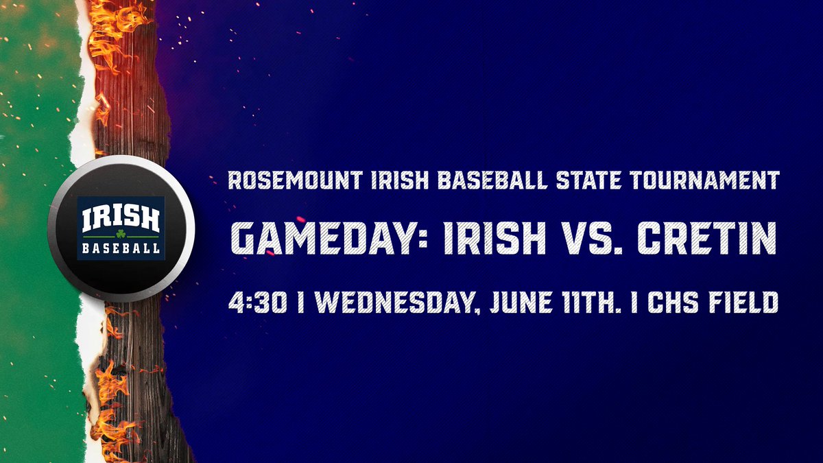 The Irish play Cretin on Wednesday, June 11th at 4:30 PM at CHS Field in the first round of the state baseball tournament! #WER1 #BlueCollarBaseball #CodeBlue