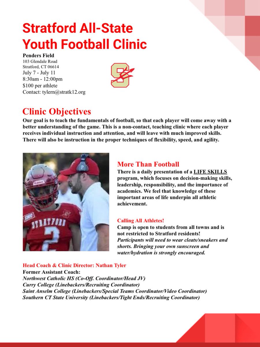 The Stratford All-State Youth Football Clinic registration is now open!! Ages 6-14 are welcome to attend this instructional football skills clinic from July 7 - July 11, 8:30am-12:00pm each day. No prior playing experience needed and participants are welcomed from all towns 🏈 🔱