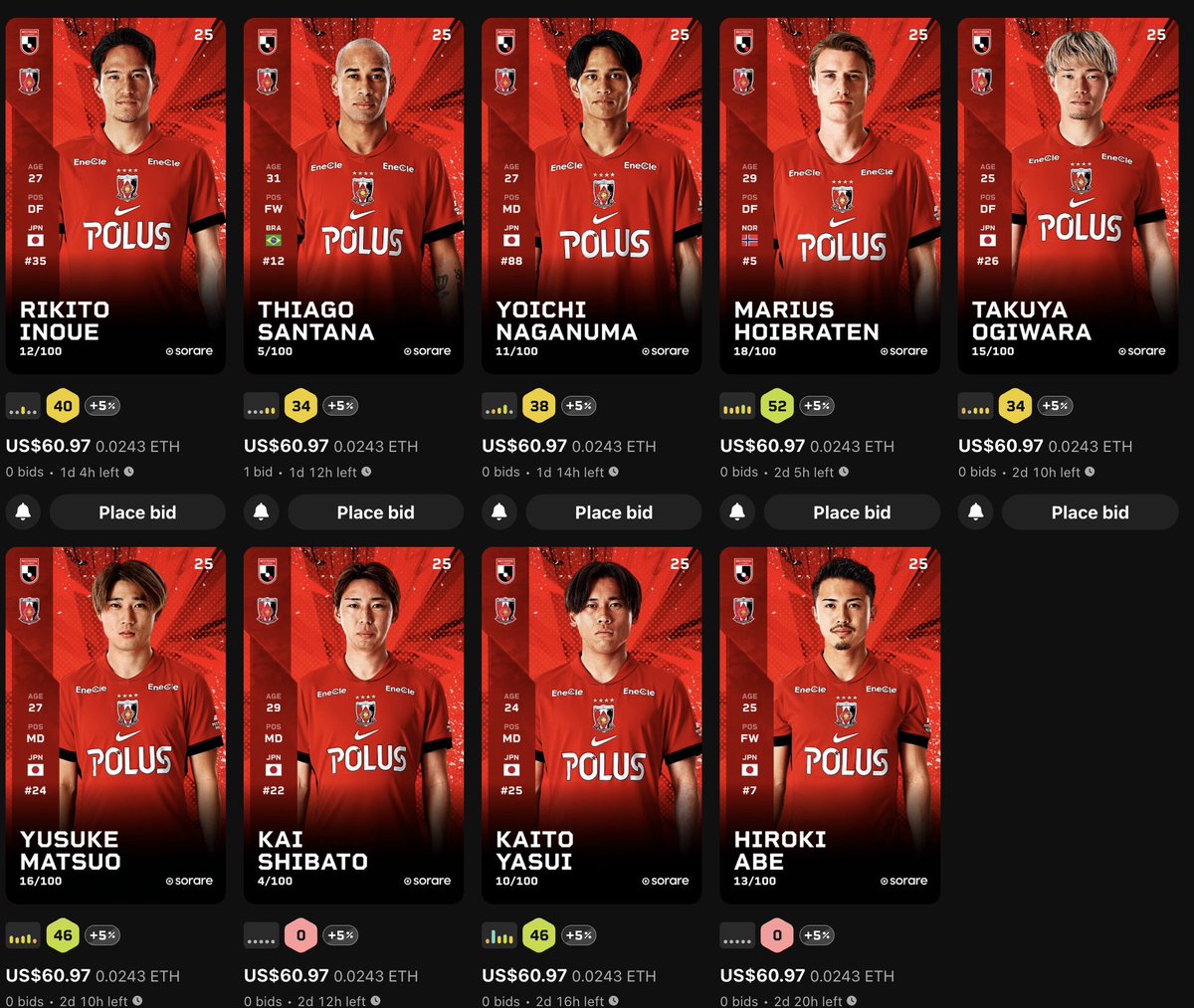 Summer Edition Urawa Reds cards.... on esingle bid in TOTAL on all of these cards.
Overpriced? No interest?