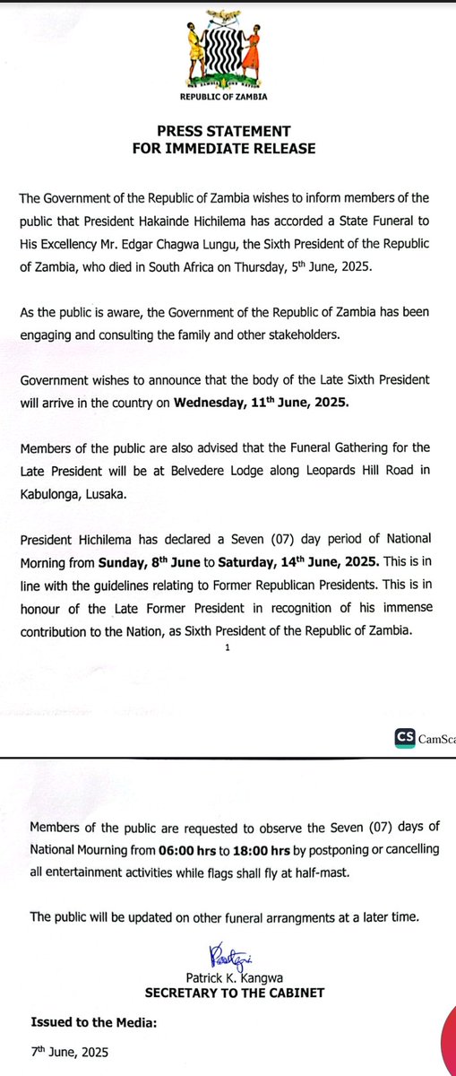 STATE FUNERAL &amp; 7 DAYS OF NATIONAL MOURNING FOR ZAMBIA'S 6th REPUBLICAN PRESIDENT (2015-2021) Mr. EDGAR C. LUNGU.
