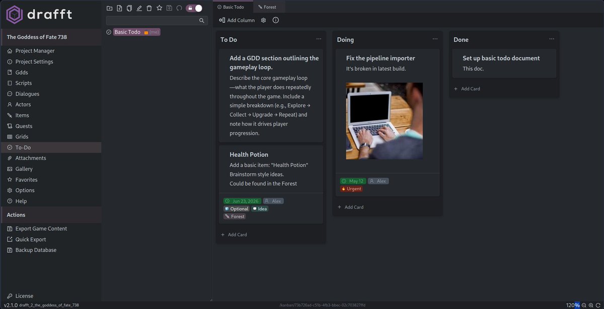 🗂️ It's super basic but sometimes you just need a spot to drop that last-minute idea before it vanishes into the void.

Kanban is now part of Drafft. It’s not fancy, but it’s yours.

#gamedev #indiedev #drafftdev #visualnovel #gamedesign #narrativedesign