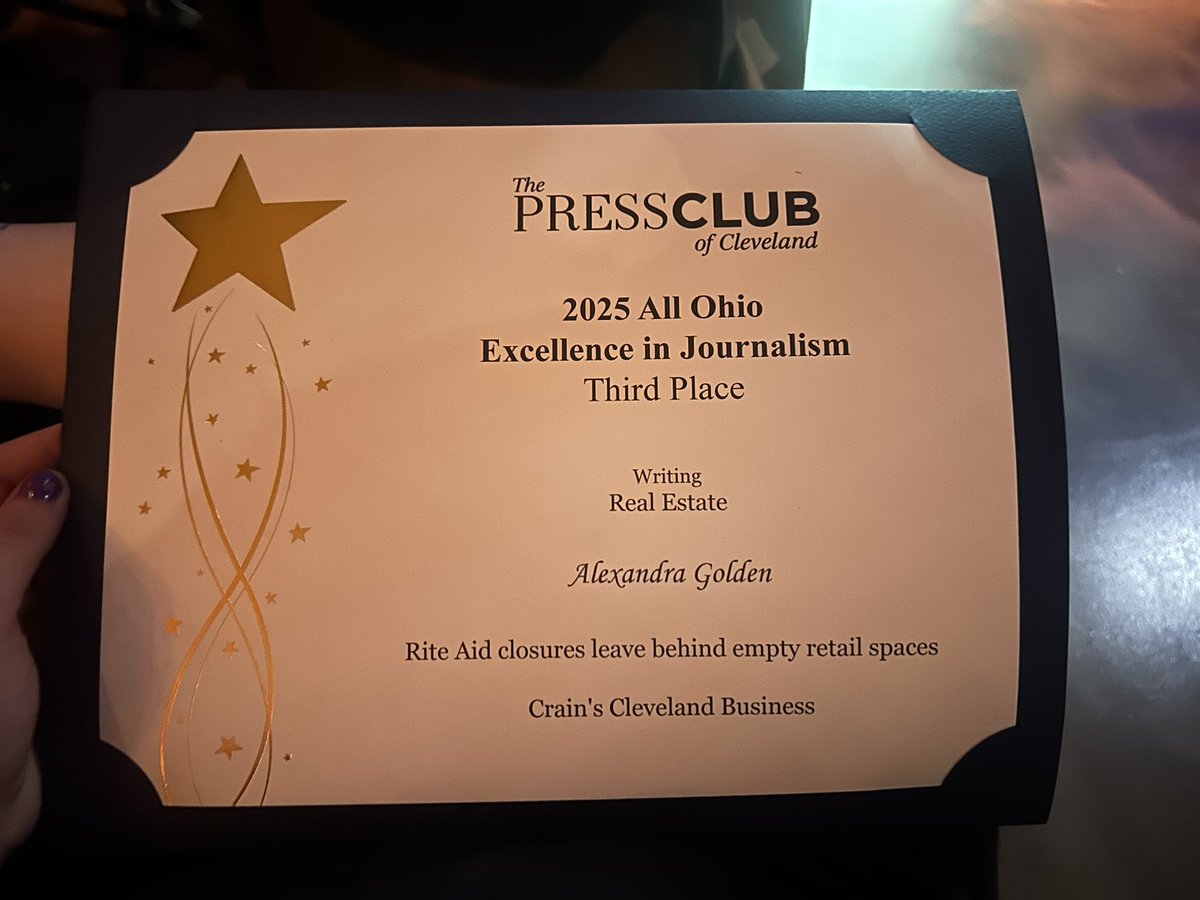 My first ever professional journalism award! Beyond honored to be recognized for my Rite Aid story from last year. 
Check out the story if you haven’t already crainscleveland.com/real-estate/ri…