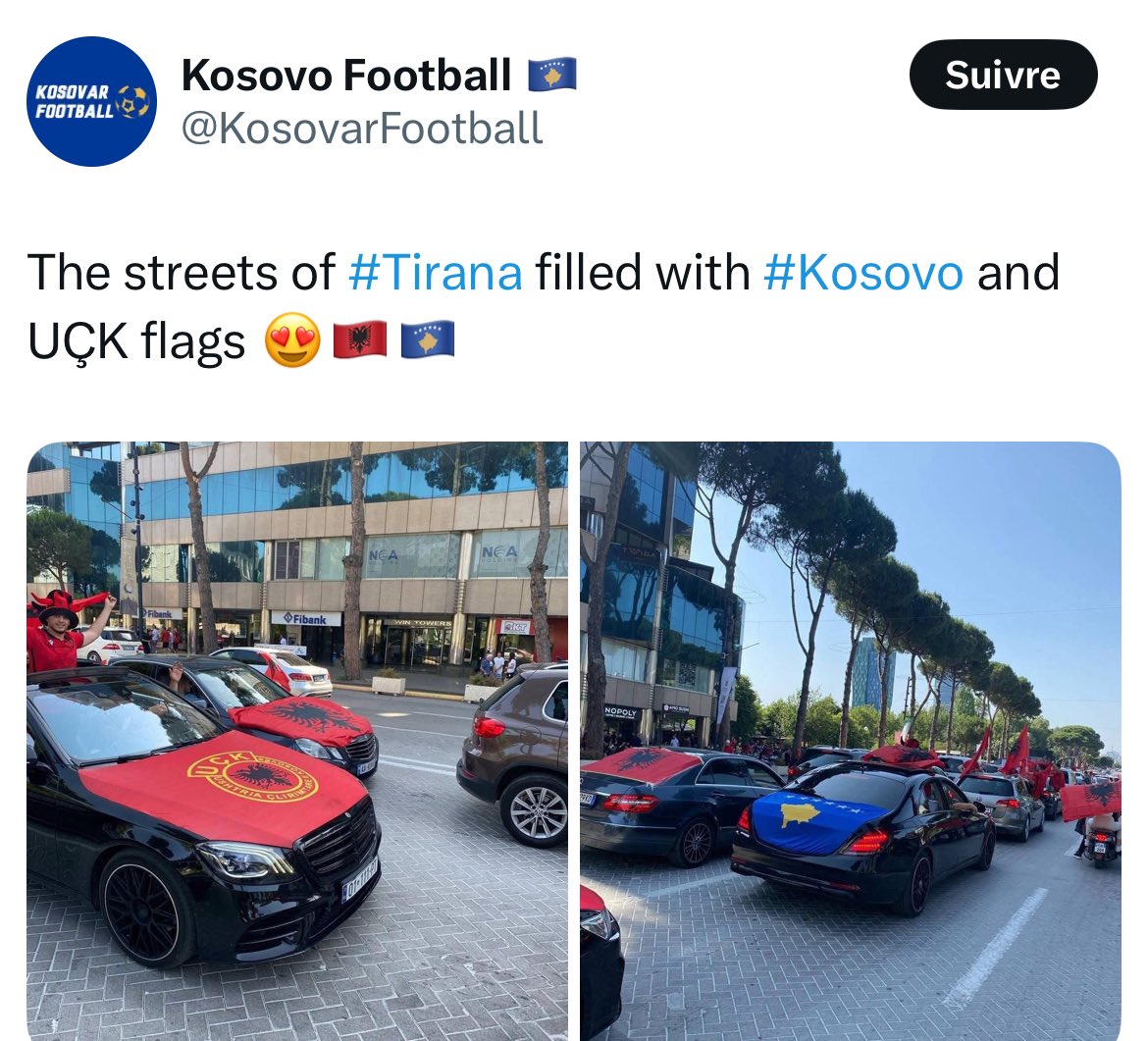 Ça commence à monter chaudement à Tirana et sur les réseaux sociaux albanais avant Albanie 🇦🇱- 🇷🇸 Serbie 

Espérons sincèrement que le match se déroule dans de bonnes conditions, mais ça montre à quel point ce soir, c’est beaucoup beaucoup plus que du football