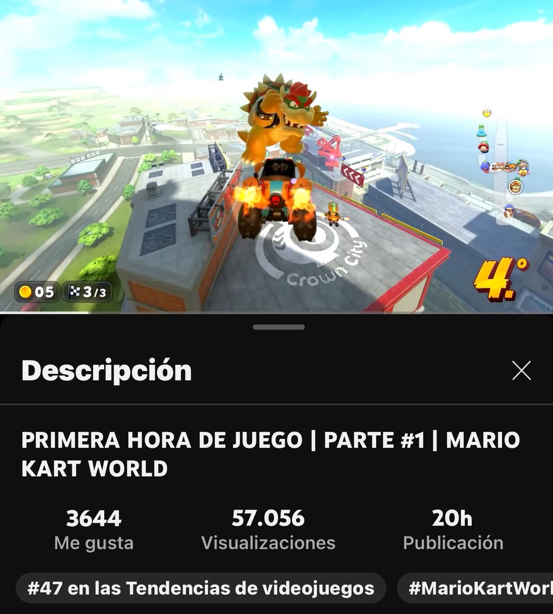 Tendecias en YouTube con #MarioKartWorld subiendo el vídeo 1 día más tarde 🔥