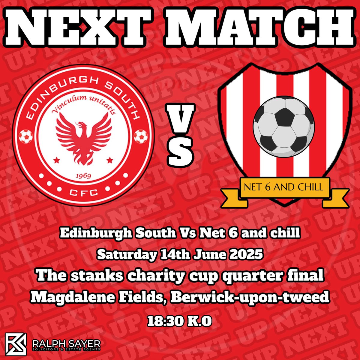 ⚽ Stanks Charity Cup – Quarter Final
Edinburgh South vs Net 6 and Chill
📍 Magdalene Fields, Berwick-upon-Tweed
📅 14/6/25
🕡 Kick-off: 18:30

should be a good one.
Come down, back the boys, and enjoy the game – all for a great cause!