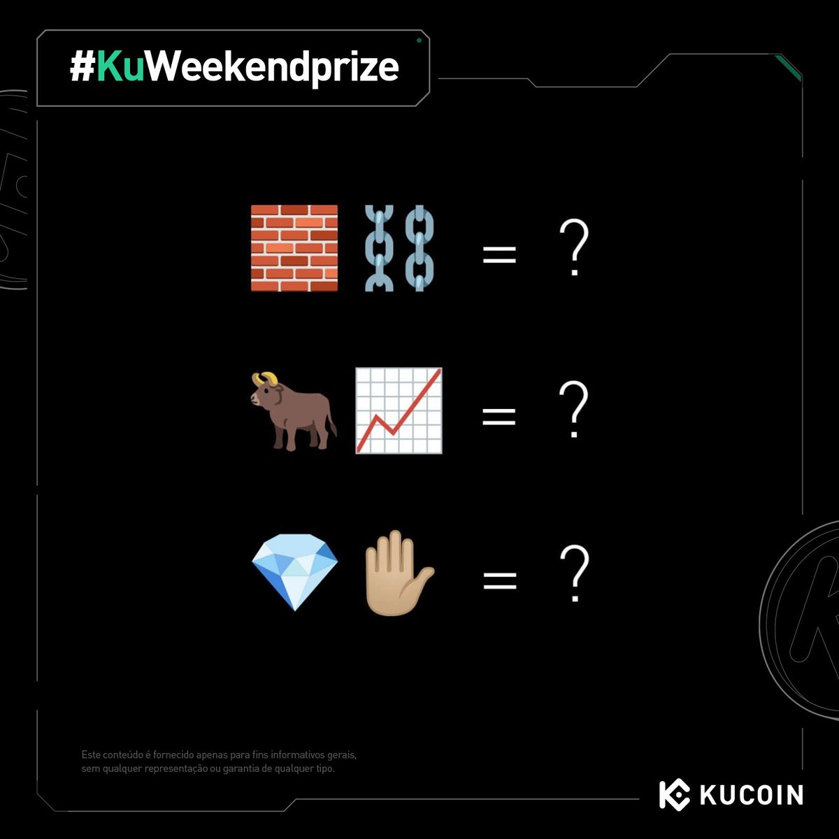 KuCoinPortugues's tweet photo. Adivinhe a as #criptomoedas em emoji! 🧠✨

É hora da diversão #CryptoPictionary! Observe a imagem e adivinhe o que ela representa — moeda, conceito ou meme?

💰 Prêmio de 10 $KCS — 10 sortudos ganharão 1 $KCS cada!

⏳ Menos de 48h para participar — não perca!

👉 Saiba mais: https://t.co/p0GuBOg0iv

Não tem conta na #KuCoin? Registre-se aqui 👉 https://t.co/fcJBfZNTay!