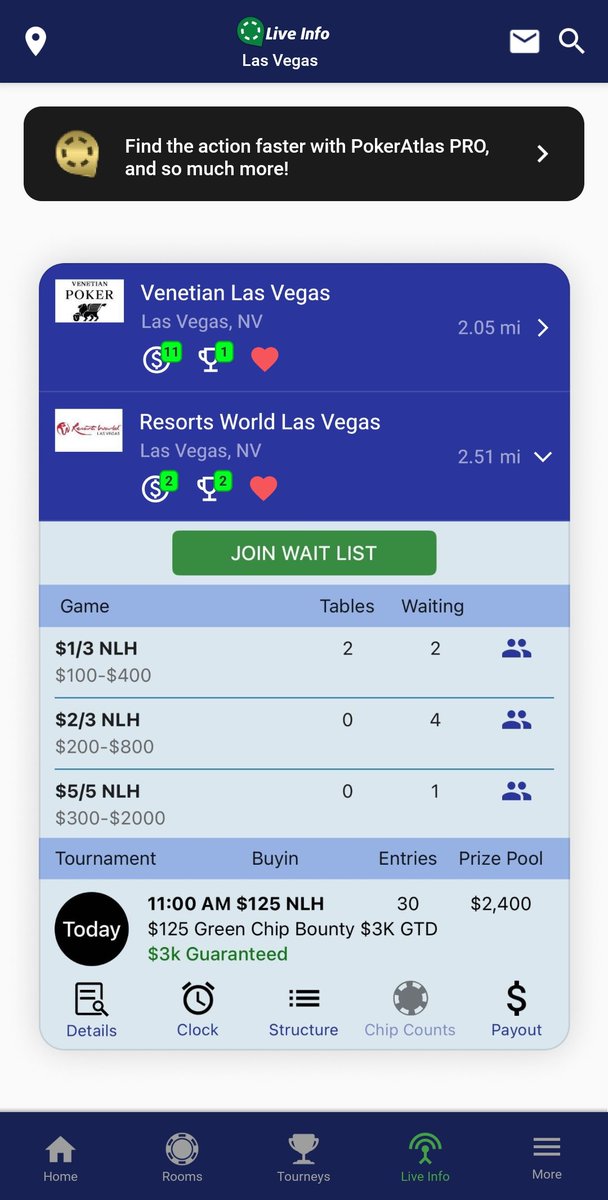 Ali_Nejad's tweet image. Did @PokerAtlas just put live table info behind a paywall? If so, this is a super bad look @WynnPoker @PokerRoomRWLV @VenetianPoker. You chose them over Bravo Poker (free app), despite far lower market adoption, and now your customers can't access your rooms in real time? 👀