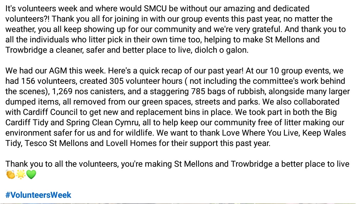 It's #VolunteersWeek We'd like to thank our dedicated volunteers. You all keep showing up for our community to make St Mellons &amp; Trowbridge a cleaner, better place to live. Diolch 💛 
10 group events, 156 volunteers, 305 volunteer hours, 1,269 nos canisters, 785 bags of rubbish!