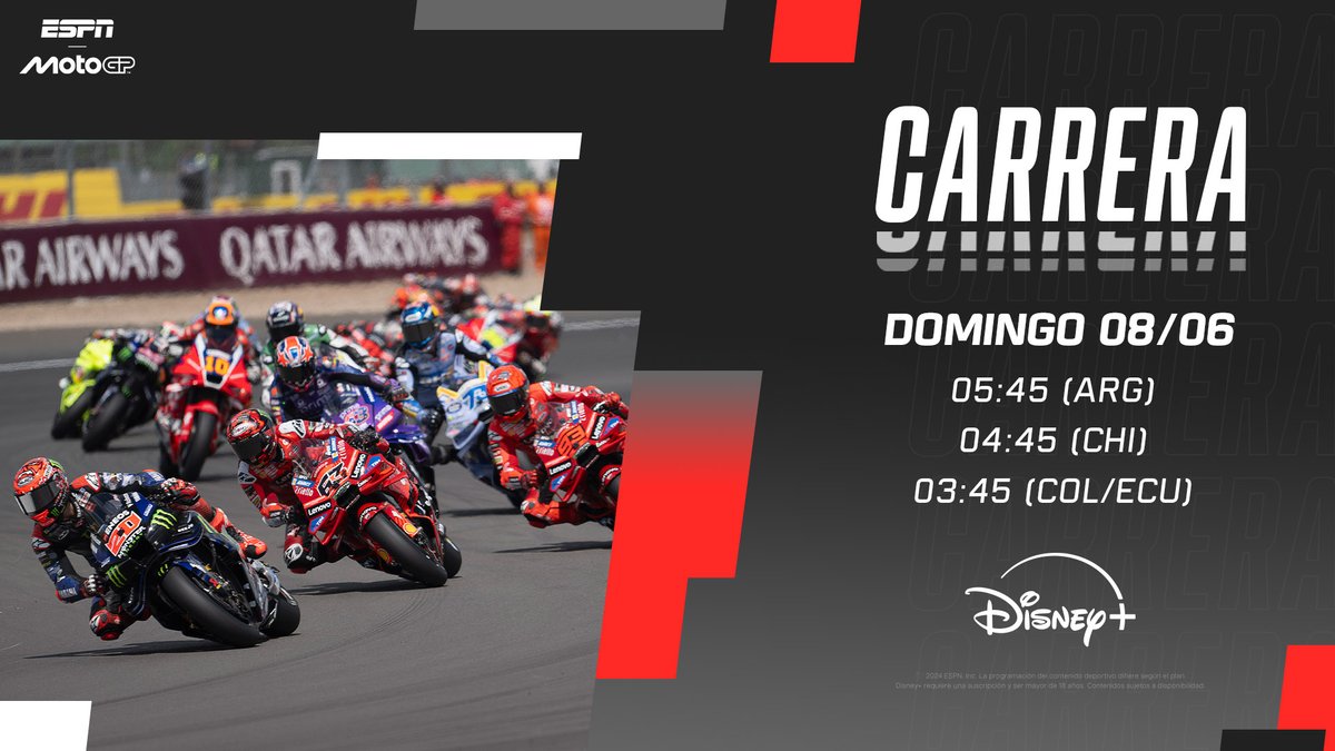 El rugir de los motores, la pasión sobre dos ruedas y esa emoción que solo #MotoGP puede generar. Este domingo, el #AragonGP te espera para vivir una carrera inolvidable. 🏁🔥

📍 En vivo por #ESPN3 y #DisneyPlus
📲 dis.la/ESPNenDisneyPl…
