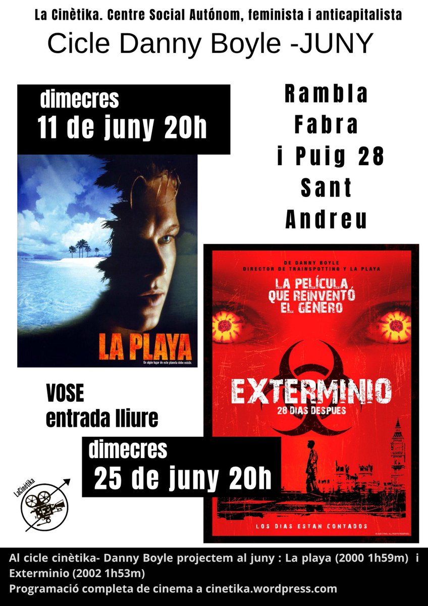 Cicle Danny Boyle 2025 – juny

dimecres 11-06 20h: La Playa (2000)
dimecres 25-06 20h: Exterminio (2002)

Tot en VOSE, entrada lliure i el que surti de caixa voluntària va a la Cinètika, que és el que voldria òbviament el Danny Boyle si li poguéssim preguntar ;p
