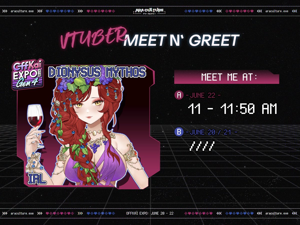 Dionysus🍷🍇【Mythos】| Town Drunk (@dionysusmythos) on Twitter photo 🍷OffKai Meet & Greet Announcement🍷
Thank you <a href="/araculture_/">AraCulture</a> for hosting my IRL meet & greet at <a href="/OffKaiExpo/">OffKai Expo | VTuber Convention</a> 🤩
I'll be super happy if people come say hi~ And I'm also bringing yummy Japanese snacks for anyone who visits 🥂
Please do review my M&G rules below! 🍷OffKai Meet & Greet Announcement🍷
Thank you <a href="/araculture_/">AraCulture</a> for hosting my IRL meet & greet at <a href="/OffKaiExpo/">OffKai Expo | VTuber Convention</a> 🤩
I'll be super happy if people come say hi~ And I'm also bringing yummy Japanese snacks for anyone who visits 🥂
Please do review my M&G rules below!