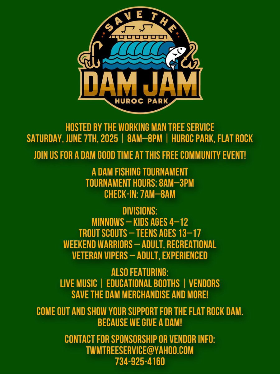 repjthompson's tweet photo. Save The Dam Jam all day today down by Huron Park!
Vendors Music Fishing- See ya’ll up down there! #flatrockdam #flatrock #savethedam #huronriver #hurocpark #savethedamcoalition
@Local4News @CBSDetroit @FOX2News @NewsHeraldMI https://t.co/1BTBlLrlRg
