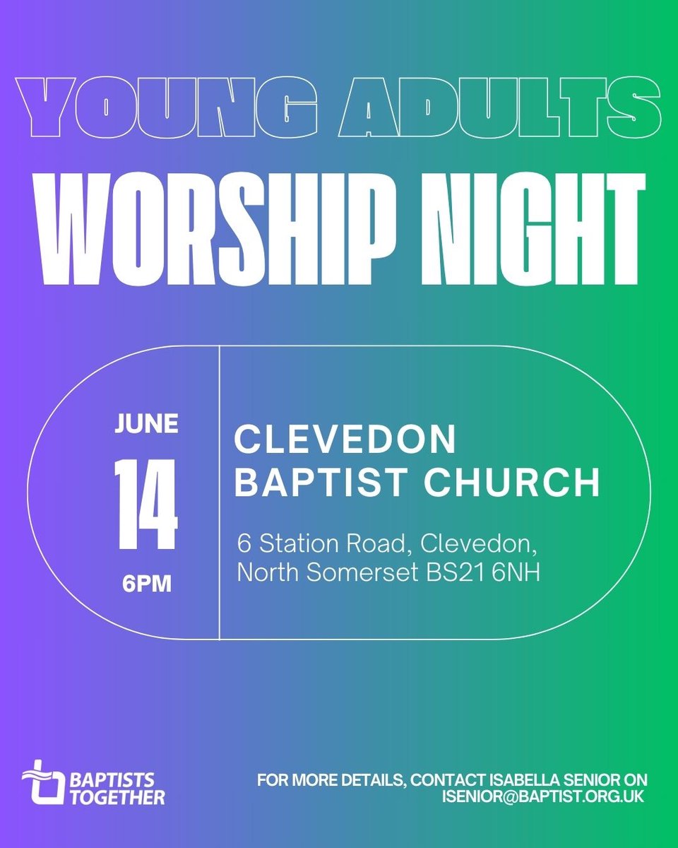 Baptists Together (@baptistuniongb) on Twitter photo We're inviting all aged 18-35 across the Baptist movement to come and worship together on 14 June at 6pm at Clevedon Baptist Church! For more details, contact Isabella Senior on isenior@baptists.org.uk or on Instagram @baptistyoungleaders. We're inviting all aged 18-35 across the Baptist movement to come and worship together on 14 June at 6pm at Clevedon Baptist Church! For more details, contact Isabella Senior on isenior@baptists.org.uk or on Instagram @baptistyoungleaders.