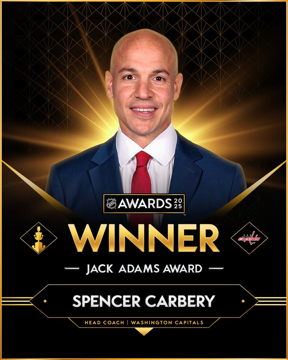 NHL (@nhl) on Twitter photo Spencer Carbery of the <a href="/Capitals/">Washington Capitals</a> is this year’s winner of the Jack Adams Award! 🏆 #NHLAwards
The Jack Adams Award is presented annually to the NHL coach adjudged to have contributed the most to his team’s success.
Read more: media.nhl.com/public/news/19… Spencer Carbery of the <a href="/Capitals/">Washington Capitals</a> is this year’s winner of the Jack Adams Award! 🏆 #NHLAwards
The Jack Adams Award is presented annually to the NHL coach adjudged to have contributed the most to his team’s success.
Read more: media.nhl.com/public/news/19…
