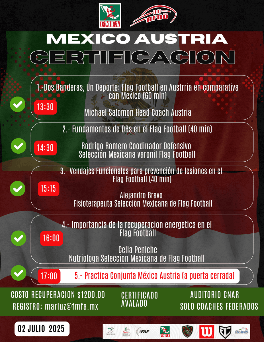 ¿Te gustaría vivir de cerca la preparación de la selección nacional de flag football en su juego internacional vs. Austria?

Esta es la oportunidad exclusiva para obtener la certificación, impartida por coaches de Austria y México.
Solo coaches federados