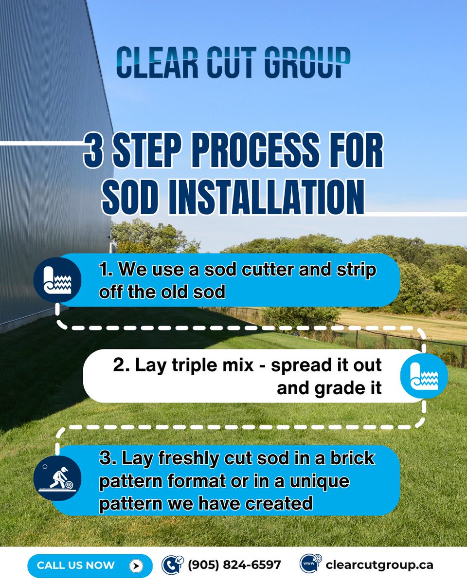 Clearcutgroup's tweet photo. 🌱 At Clear Cut Group, we simplify sod installation into three easy steps: Strip the old sod, lay the triple mix, and install fresh, lush sod in your choice of design. It’s that simple! Get your lawn ready for the season. 🌳
#SodInstallation #Oakville #Mississauga #Brampton https://t.co/lrLYjn5LIu