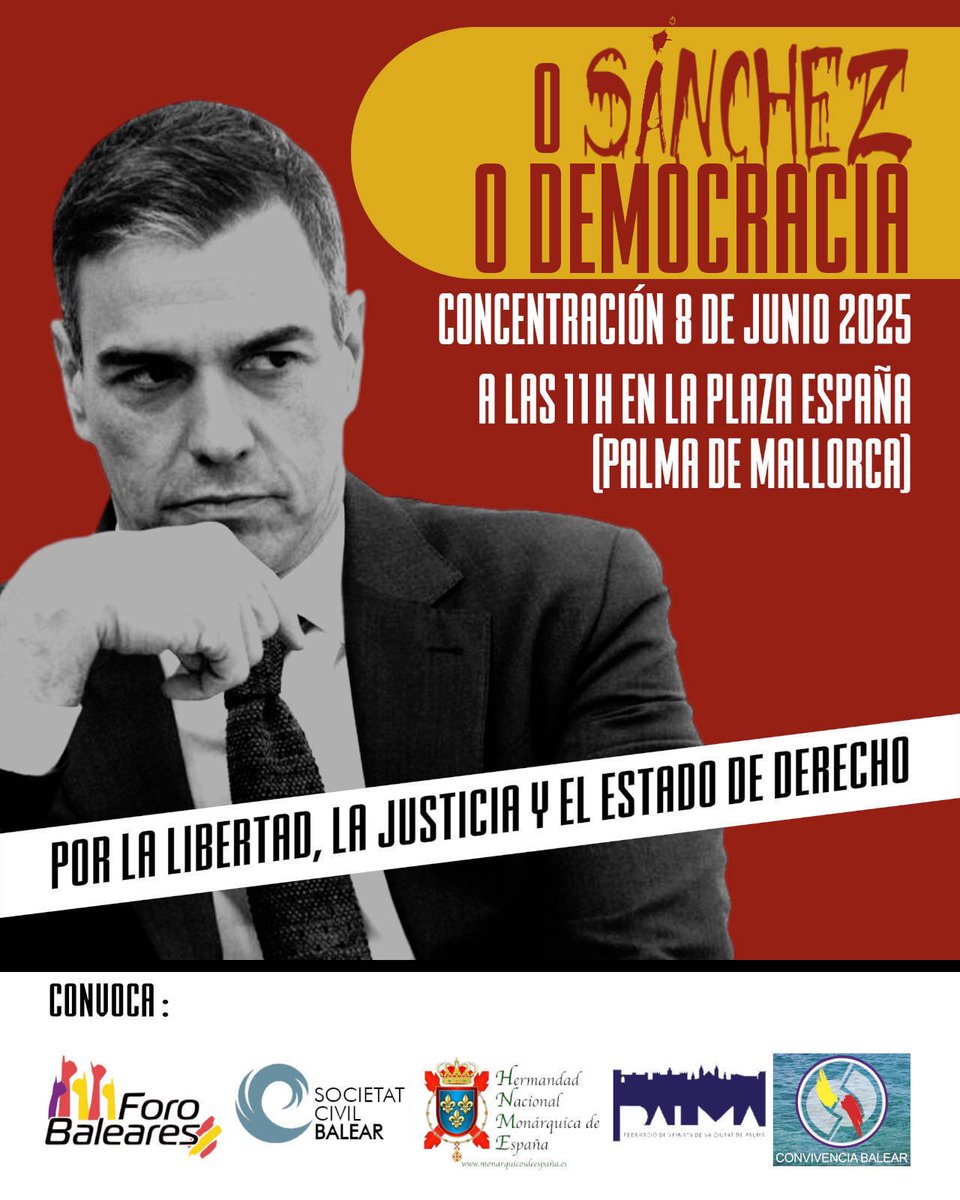 Mañana, día 8 de junio, nos vemos a las 11h en Plaza España de Palma.

Todos unidos contra la corrupción de este Gobierno.

Pásalo!

#MafiaODemocracia #SanchezDimision