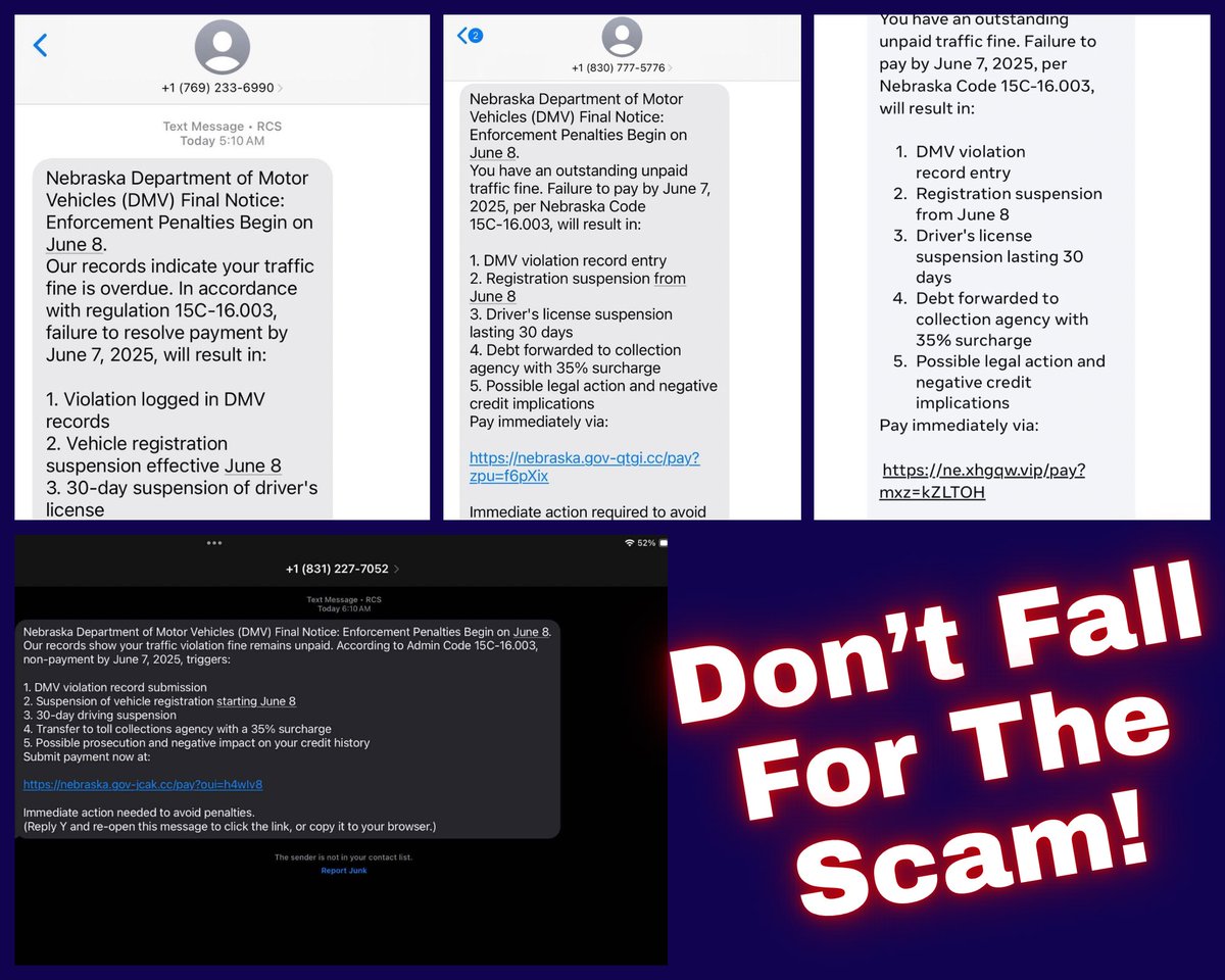 Many people woke up to this scam text today. Don’t fall for it! 

➡️<a href="/NebraskaDMV/">Nebraska DMV</a> doesn’t do this. 
➡️Fines are collected by the Nebraska Judicial Branch, not DMV
➡️Phone numbers are all different 
➡️Link address is different
✔️Don’t click the link
✔️Report and block