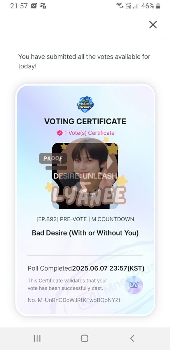 fallincosmic23's tweet photo. ENGENEs Vote Challenge 🌟

If you see this drop your m-countdown pre-voting proofs!

tag 7 moots &amp; copy to spread
@01PRODEVXN @_allforjay @aussiesleepy @classyiopeia @02ljay @_enyjwyj @cellinaxzy 

#BadDesire https://t.co/u1FvoaOHFa