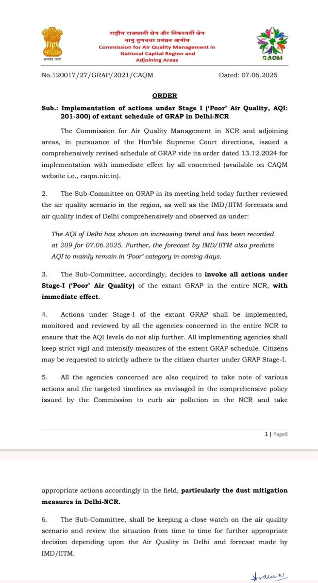 ANI's tweet image. In view of rising pollution levels, the Commission for Air Quality Management (CAQM) has enforced Stage-I of the Graded Response Action Plan (GRAP) in Delhi-NCR with immediate effect. On June 7, Delhi’s Air Quality Index (AQI) was recorded at 209, which falls under the ‘Poor’…