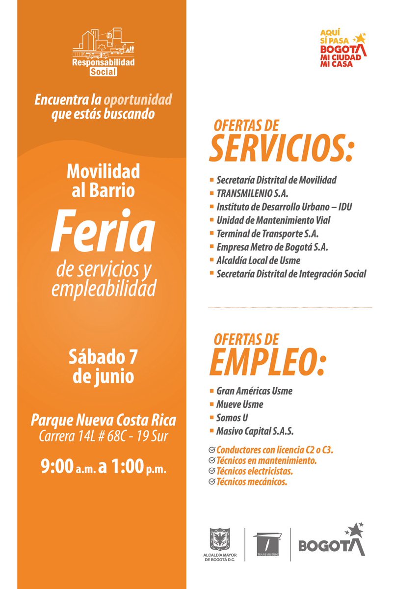 TransMilenio's tweet photo. #TrabajoSíHay 💼🤓
¡Hoy, 7 de junio, aprovecha una nueva Feria de Empleabilidad y Servicios con #TransMi y aplica a la oportunidad que estás buscando! ✨
Trae tu hoja de vida al Parque Nueva Costa Rica, ubicado en la Carrera 14L #68C - 19 Sur y encuentra tu vacante ideal📍
¡Te esperamos de 9:00 a. m. a 1:00 p. m.! 🤝