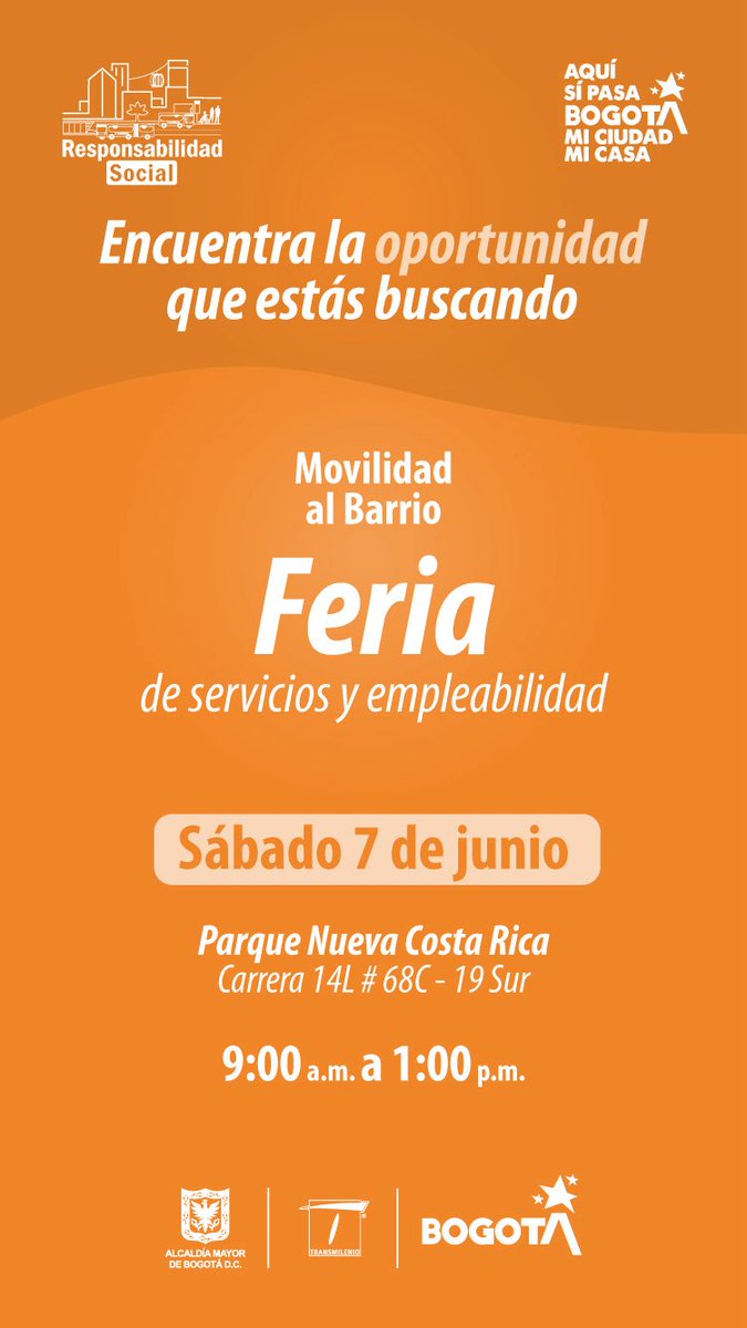 TransMilenio's tweet photo. #TrabajoSíHay 💼🤓
¡Hoy, 7 de junio, aprovecha una nueva Feria de Empleabilidad y Servicios con #TransMi y aplica a la oportunidad que estás buscando! ✨
Trae tu hoja de vida al Parque Nueva Costa Rica, ubicado en la Carrera 14L #68C - 19 Sur y encuentra tu vacante ideal📍
¡Te esperamos de 9:00 a. m. a 1:00 p. m.! 🤝