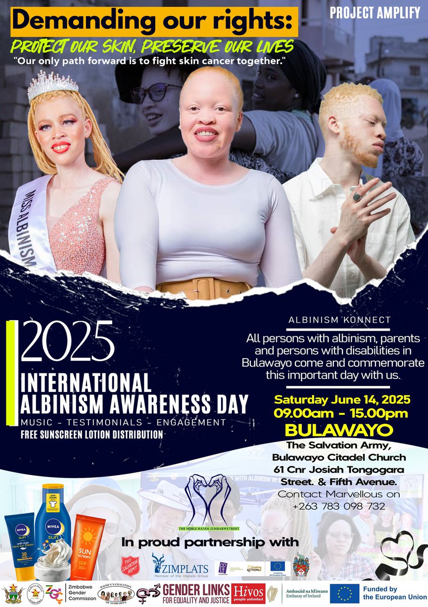 This Saturday📅
#IAAD2025
#AlbinismKonnect
#Nothing4UsWithoutUs 
Under the theme "Demanding our rights : Protect our skin, preserve our lives". We commemorate the International Albinism Awareness Day in Bulawayo. This time we invite local leaders, councilors, MPs to join in