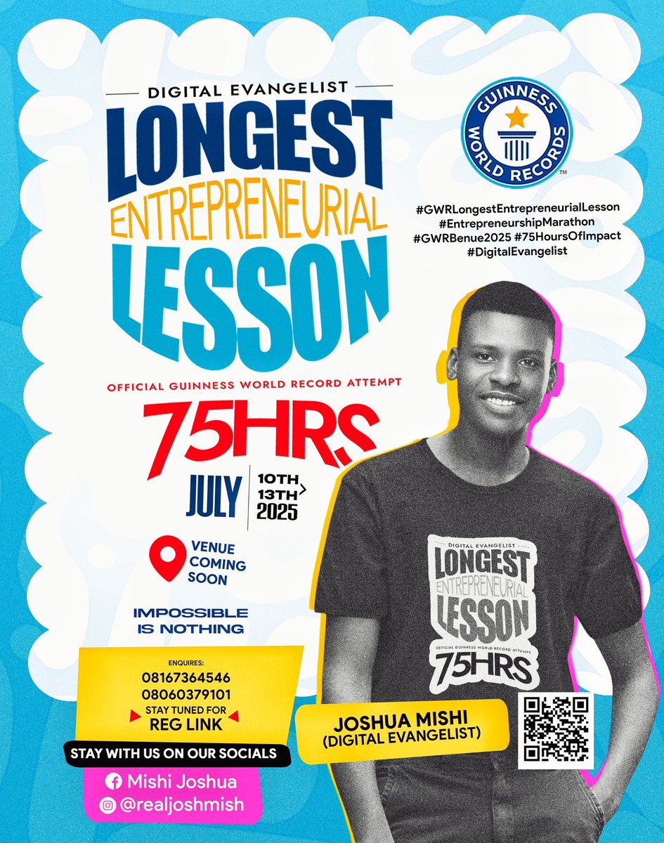 BIG NEWS! I’m attempting a Guinness World Record for the Longest Entrepreneurial Lesson (75 hrs) in Makurdi, July 10–13, 2025!
Let’s make history together. Because impossible is nothing. 💪🔥

Eid Mubarak | Sallah | Trump | #PENIWALLET #GWRLongestEntrepreneurialLesson