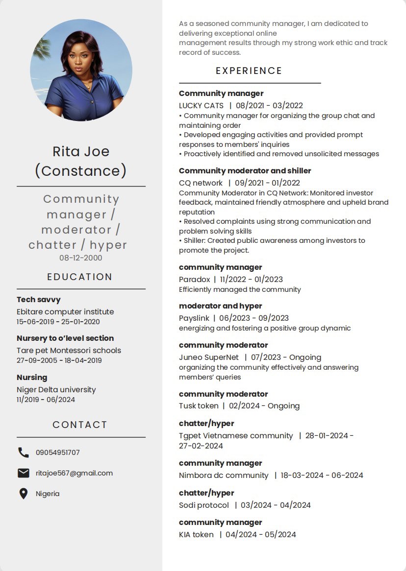 Rita_ConnieX's tweet photo. Weird how in Web3 we all chase bounties, roles and gigs but most of us do not have a half-decent resume🫣
Not everything needs one, sure but sometimes we are requested of it 
Your work deserves a better proof 
Doesn’t have to be corporate, just clear 
This is your sign, make one! https://t.co/VmM86bBEHc