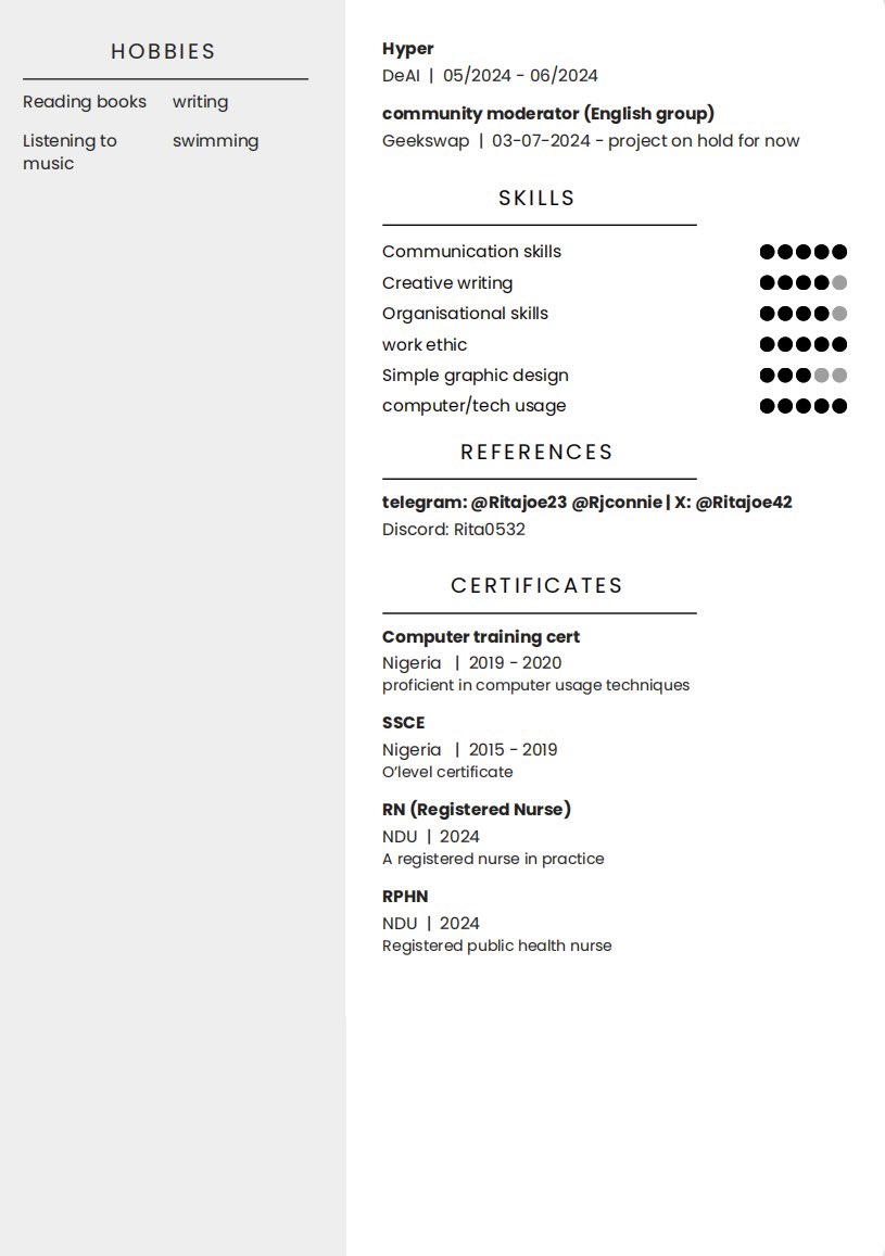 Rita_ConnieX's tweet photo. Weird how in Web3 we all chase bounties, roles and gigs but most of us do not have a half-decent resume🫣
Not everything needs one, sure but sometimes we are requested of it 
Your work deserves a better proof 
Doesn’t have to be corporate, just clear 
This is your sign, make one! https://t.co/VmM86bBEHc