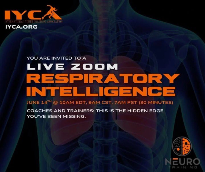 IYCA IS hosting a free 90 minute webinar, partnered with NeuroTraining. They focus on helping coaches learn the education &amp; tools to train the nervous system. This particular zoom will be on High Performance Breathing. Register today 👇👇👇👇👇👇
iyca.org/neurotraining-…